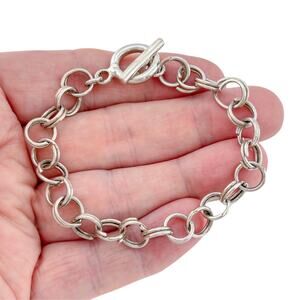 Vintage Mexican Sterling Silver 925 Round Link Charm Toggle Bracelet 7.25 inch